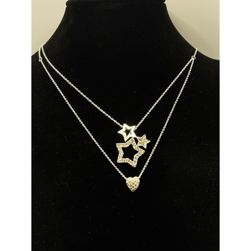Social Gallery Silver‎ Tone Layered Star and Heart Rhinestone Necklace Set 15"
